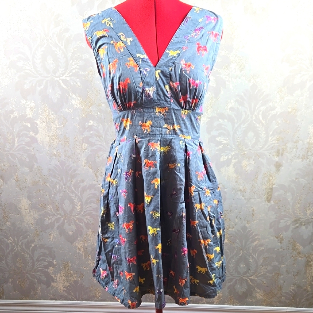 Sugarhill Cotton Neon Multicolor Horses Printed Dress